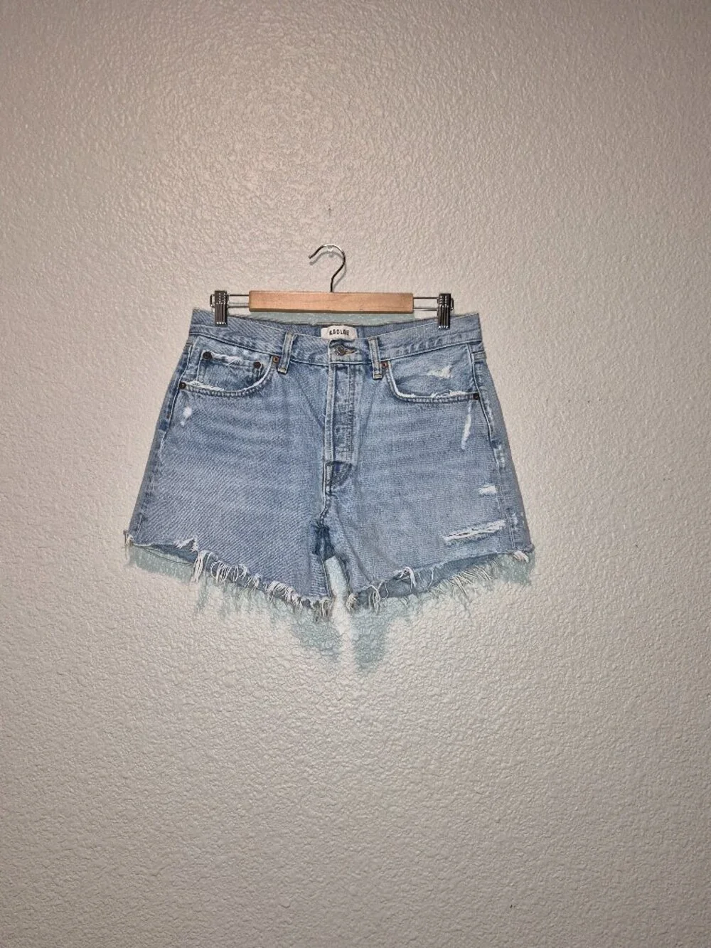 AGOLDE Women's Parker Long Denim Shorts Size: 28 Distressed Hem